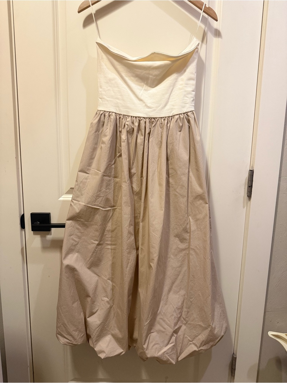Sincerely Jules Strapless Two-Tone Midi Dress in Cream and Tan